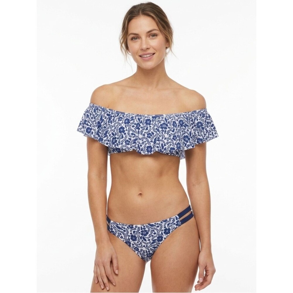 Kensie Navy & White Floral Ruffle Off-The-Shoulder Bikini Set Size Medium